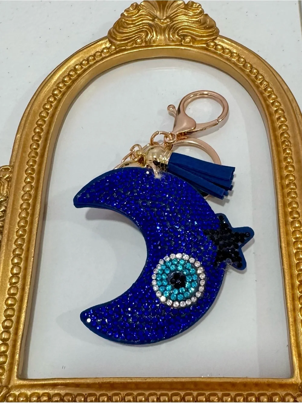 New Navy Crystal Crescent Moon Keychain with Tassel